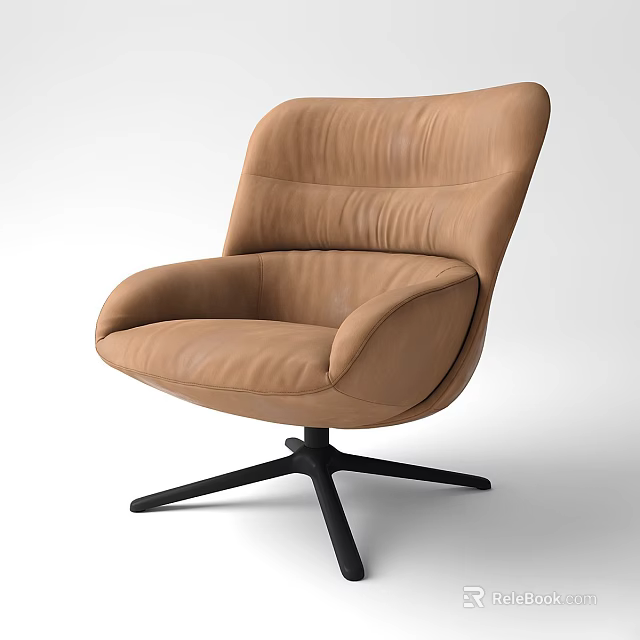 Brown Leather Accent Chair With Curved Backrest And Black Metal Base 3d model 