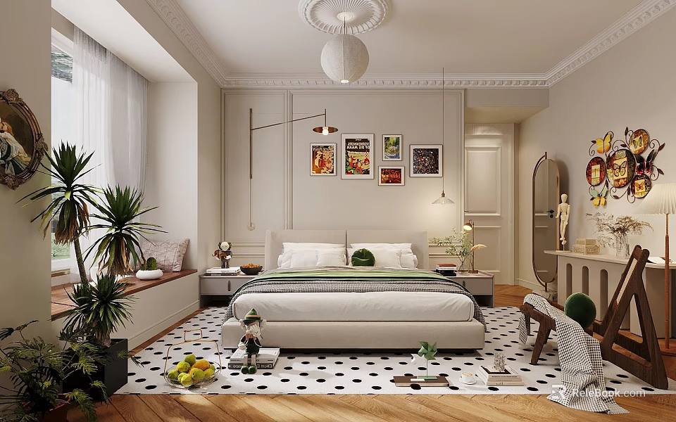 Stylish Bedroom Interior With Comfortable Bed Decorative Paintings Polka Dot Rug And Green Plants 3d model 