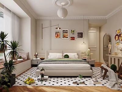 Stylish Bedroom Interior With Comfortable Bed Decorative Paintings Polka Dot Rug And Green Plants 3d model