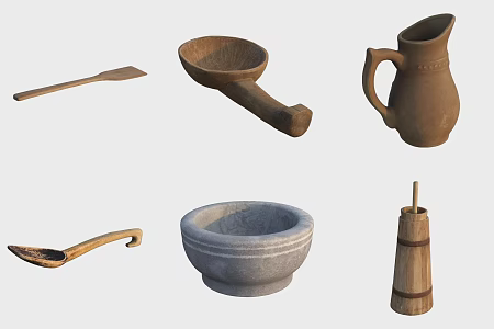 Ancient woodwork kitchen utensils stone mortar spatula water ladle wood ladle pottery pot 3d model