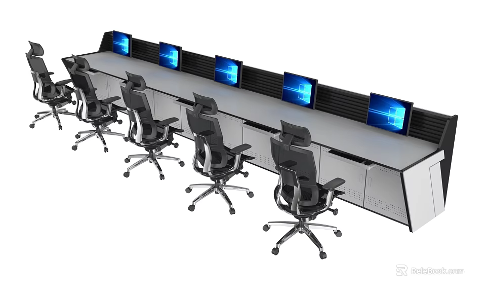 Long Control Console Desk With Multiple Computer Screens And Black Office Chairs 3d model