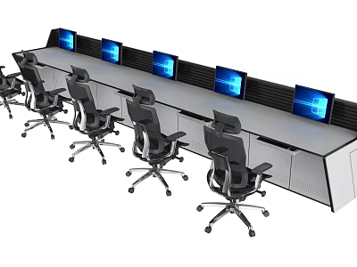 Long Control Console Desk With Multiple Computer Screens And Black Office Chairs 3d model