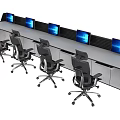 Long Control Console Desk With Multiple Computer Screens And Black Office Chairs 3d model