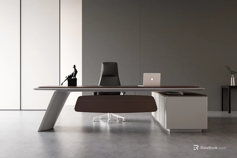 Modern Office Desk And Chair Interior With Small Sculpture Laptop And White Cabinet 3d model 