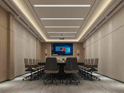 Modern Conference Room Interior Featuring Long Table Projector Digital Display And Ceiling Lights 3d model
