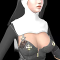 Woman in modern nun habit with high slit and gold accents shown from multiple angles