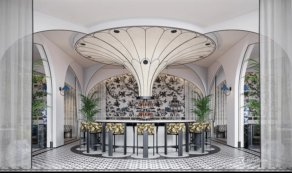 Elegant Luxury Restaurant Interior With Arch Design Decorative Ceiling And Bar Counter With Green Plants 3d model 