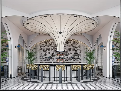 Elegant Luxury Restaurant Interior With Arch Design Decorative Ceiling And Bar Counter With Green Plants 3d model