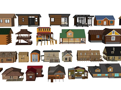 Various Styles Of Wooden Houses With Different Roof Designs And Exteriors 3d model