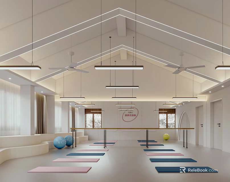 Spacious Bright Yoga Fitness Studio With Colorful Yoga Mats Exercise Balls And Dance Barres 3d model 