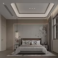 Modern Bedroom Interior Design With Bed Floral Pattern Wall Ceiling Lamp And Bedside Tables 3d model