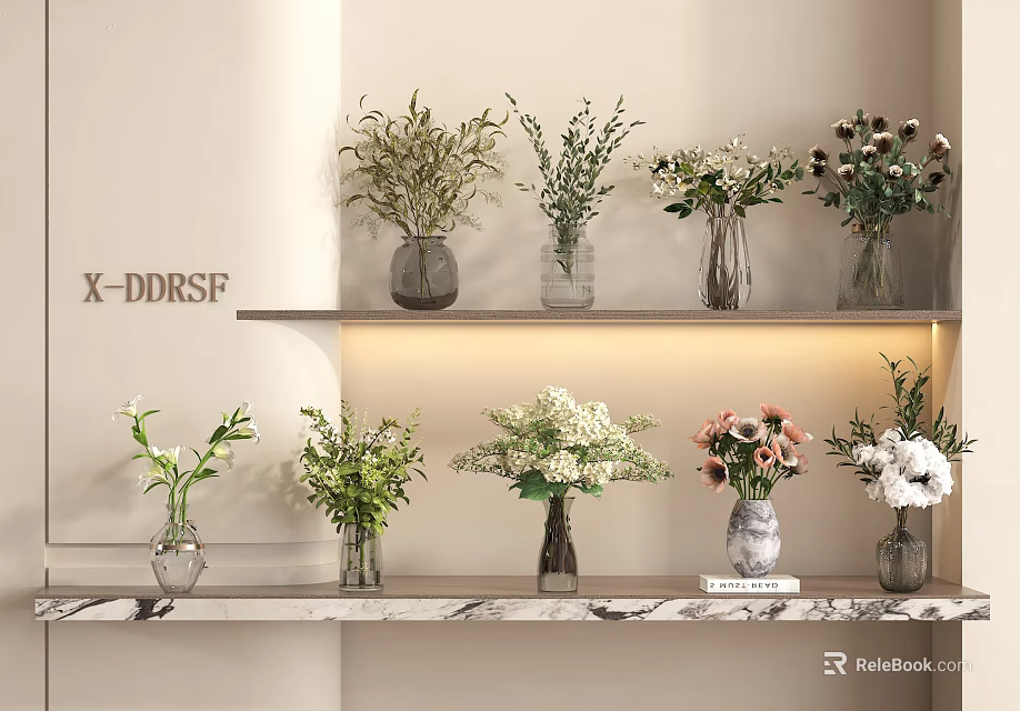 Stylish Flower Vases With Mixed Blooms On Layered Shelves Against Light Wall 3d model 