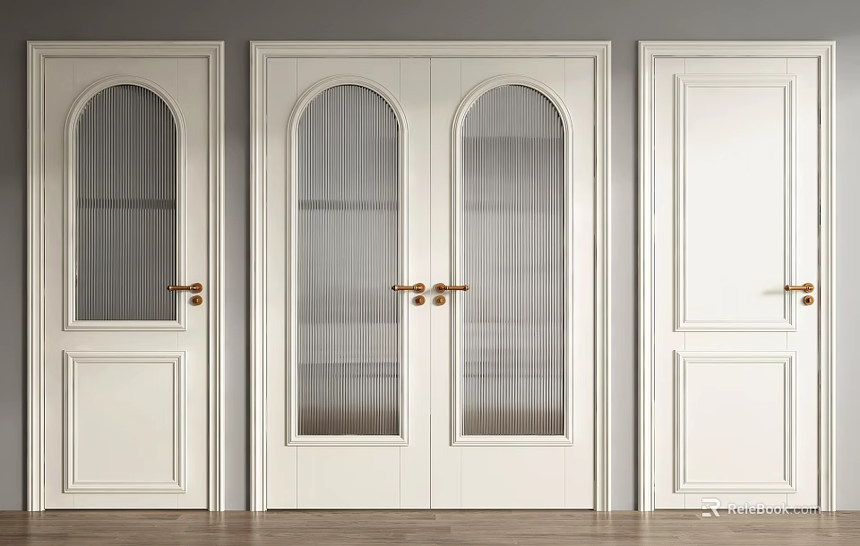 White Double Doors With Arched Glass Panels And Brass Door Handles Interior Design 3d model 