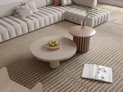 Stylish Coffee Table With Side Table Plant Fruits Magazine On Woven Rug 3d model