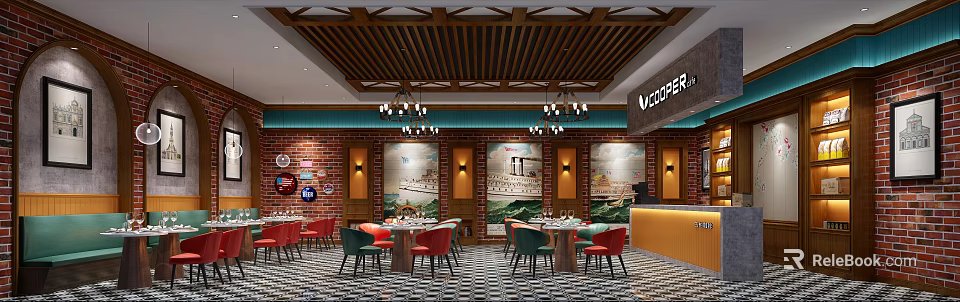 Charming Café Interior with Wooden Ceiling Chandeliers Brick Walls Murals Round Tables and Colorful Chairs 3d model 