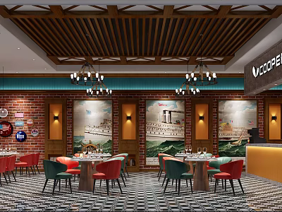 Charming Café Interior with Wooden Ceiling Chandeliers Brick Walls Murals Round Tables and Colorful Chairs 3d model