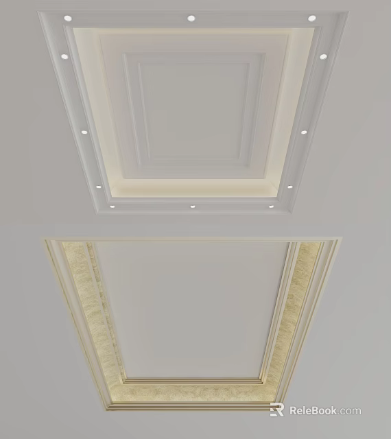 Modern Ceiling Design With Square Frame LED Strip Recessed Lights And Decorative Moldings 3d model