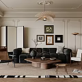 Elegant Modern Living Room Interior Design With Black Sofa Wooden Coffee Table And Framed Artworks