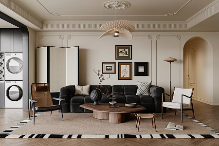 French Middle Ancient Living Room Multi-Person Sofa Single Chair Coffee Table Screen Decorative Painting 3d model