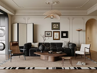 French Middle Ancient Living Room Multi-Person Sofa Single Chair Coffee Table Screen Decorative Painting 3d model