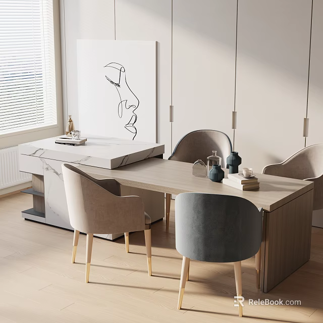 Modern Dining Table Set With Light Gray And Beige Chairs Pendant Lights And Wall Art 3d model 