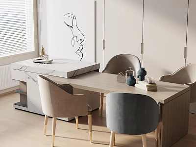 Modern Dining Table Set With Light Gray And Beige Chairs Pendant Lights And Wall Art 3d model