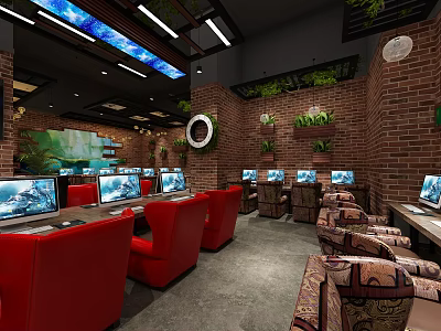 Modern Cybercafé Interior With Red Chairs Multiple Computers Brick Walls And Green Plants 3d model