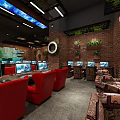 Modern Cybercafé Interior With Red Chairs Multiple Computers Brick Walls And Green Plants