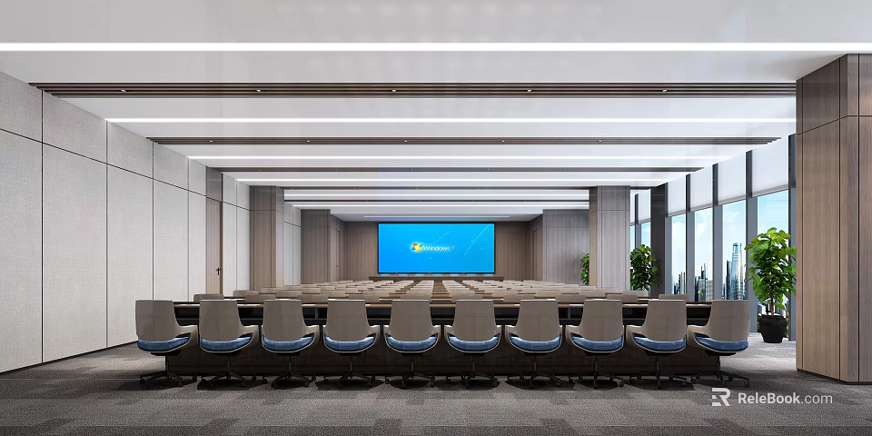Modern Conference Room Interior With Large Projection Screen And Rows Of Chairs 3d model 