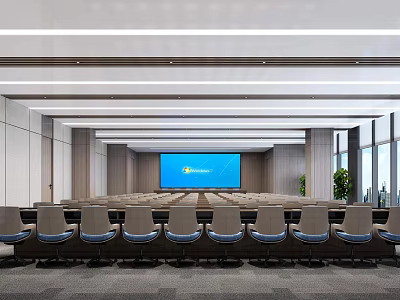 Modern Conference Room Interior With Large Projection Screen And Rows Of Chairs 3d model