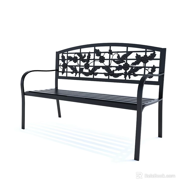 Black Decorative Metal Outdoor Bench With Leaf And Bird Pattern Backrest And Armrests 3d model 