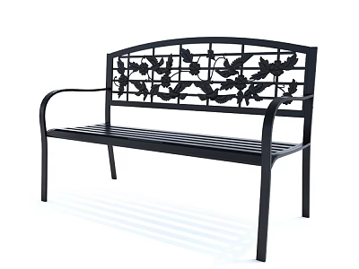 Black Decorative Metal Outdoor Bench With Leaf And Bird Pattern Backrest And Armrests 3d model