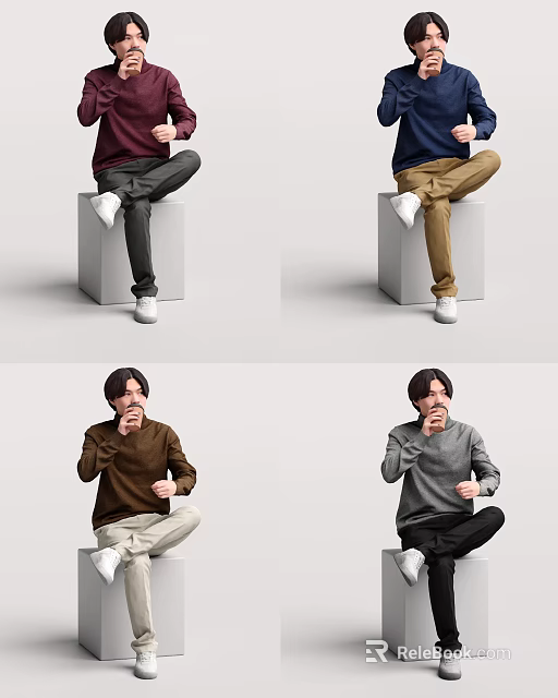 Men Sitting On White Cube In Gray Background Wearing Colorful Sweaters Different Pants White Shoes 3d model 