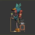 Game Movie Character With Blue Rabbit Ears Hat Glasses Red Backpack And Orange Boots