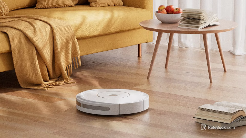 Bright Living Room with Yellow Sofa Round Table Fruit Bowl and Robot Vacuum on Wooden Floor 3d model 
