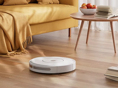 Bright Living Room with Yellow Sofa Round Table Fruit Bowl and Robot Vacuum on Wooden Floor 3d model