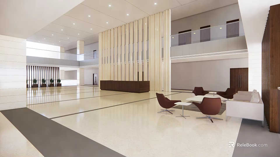 Modern Lobby Reception Desk Design With Wooden Slat Columns And Seating Area 3d model 