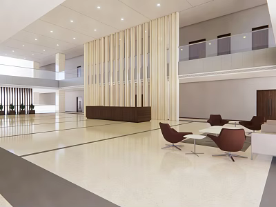 Modern Lobby Reception Desk Design With Wooden Slat Columns And Seating Area 3d model