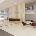 Modern Lobby Reception Desk Design With Wooden Slat Columns And Seating Area