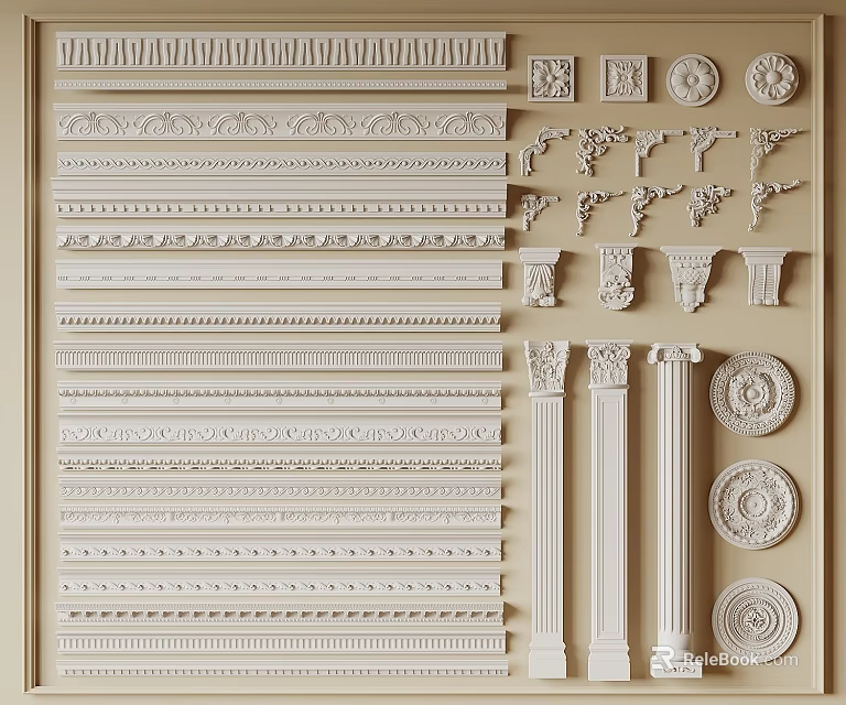 Various Decorative Gypsum Mouldings Including Strips Pillars And Circular Ornaments For Interior Decoration 3d model 