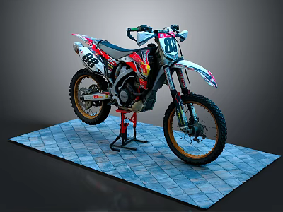 Red White Black Dirt Bike With Number 88 On Blue Brick Platform Supported By Stand 3d model