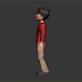 Man with red sweater khaki pants black shoes and glasses standing against gray background reflection