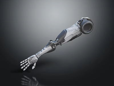 Robotic Arm With Human Like Hand Structure And Metallic Components On Dark Reflective Background 3d model