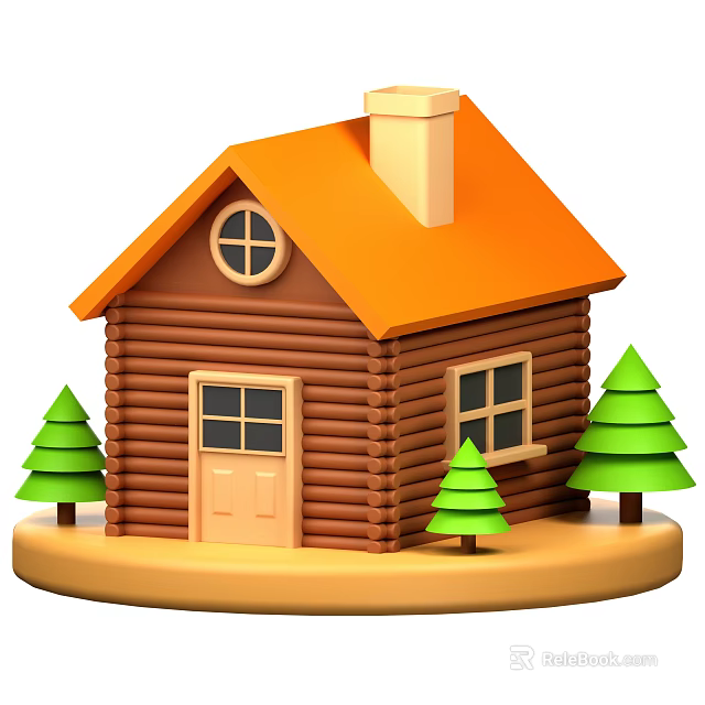 Wooden Log Residential House With Orange Roof Chimney Front Door Windows And Green Trees 3d model 