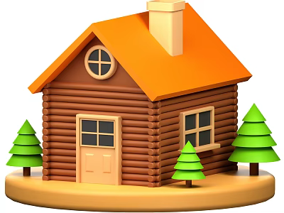 Wooden Log Residential House With Orange Roof Chimney Front Door Windows And Green Trees 3d model