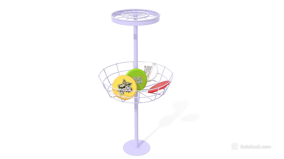 Interactive Area Purple Stand with Circular Tray and Wire Basket Holding Balls Frisbee 3d model 