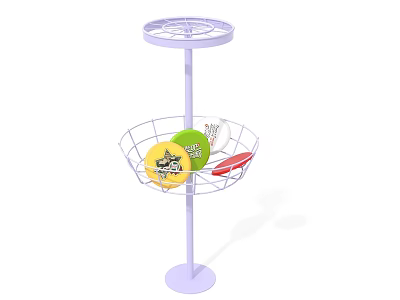 Interactive Area Purple Stand with Circular Tray and Wire Basket Holding Balls Frisbee 3d model