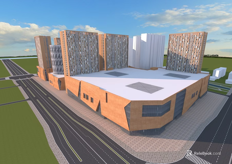 Modern Geometric Residential Buildings Architectural Exterior Design With Surrounding Roads And Green Spaces 3d model 