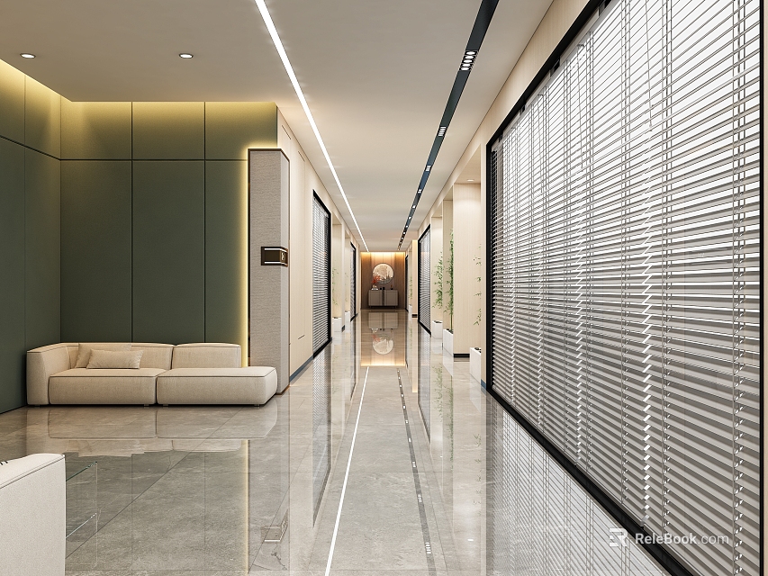 Modern Office Corridor Interior Design With Green Walls Beige Sofa Marble Floor And Blinds 3d model 
