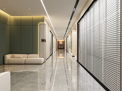 Modern Office Corridor Interior Design With Green Walls Beige Sofa Marble Floor And Blinds 3d model